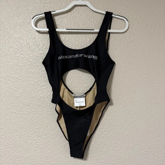 NWT Alexander Wang Cutout Logo Swimsuit Black Rhinestone Spring Break Beach S - Picture 4 of 10
